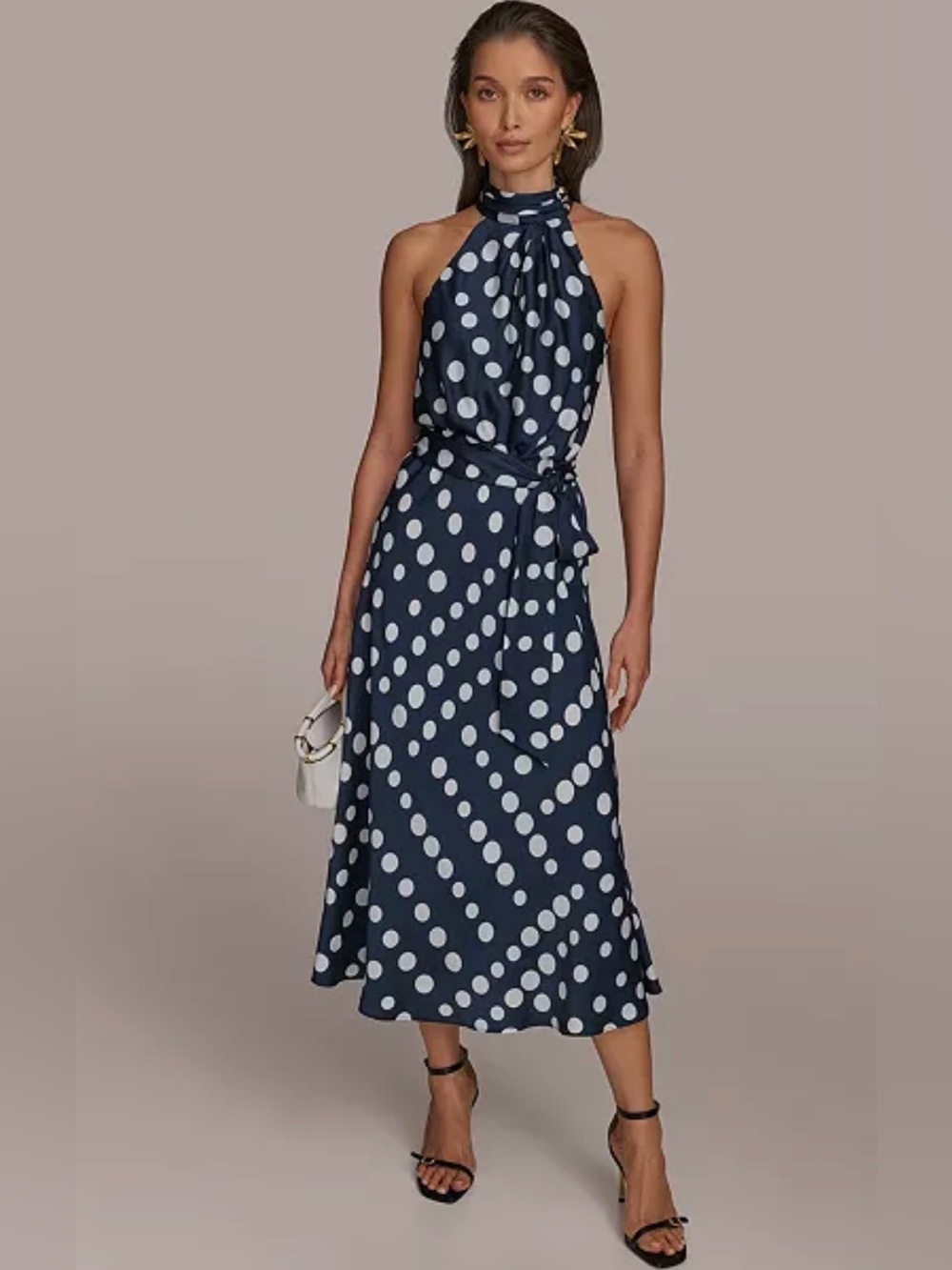 Donna Karan New York Navy White Polka Dot Halter Midi Dress - Picture 1 of 6
